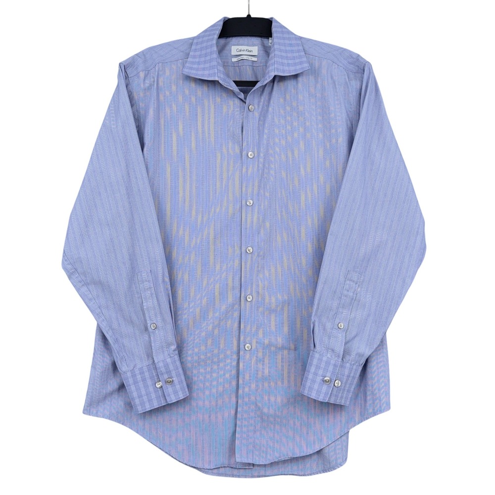 Calvin Klein Slim Fit Mens 16.5 32/33 100% Cotton Blue‎ Striped Dress Shirt